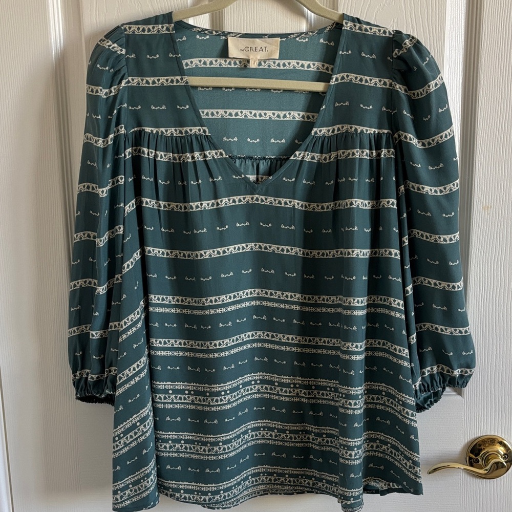 THE GREAT. Silk Teal and Cream Printed V-Neck blouse